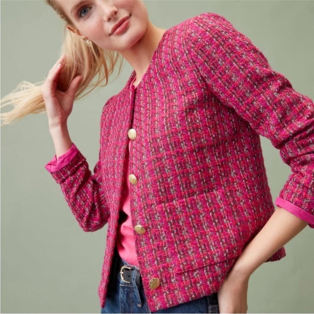 J.Crew Pink Tweed Lady Jacket Size 2 Gold Crest Buttons Cropped Blazer BS928 New - Picture 14 of 14